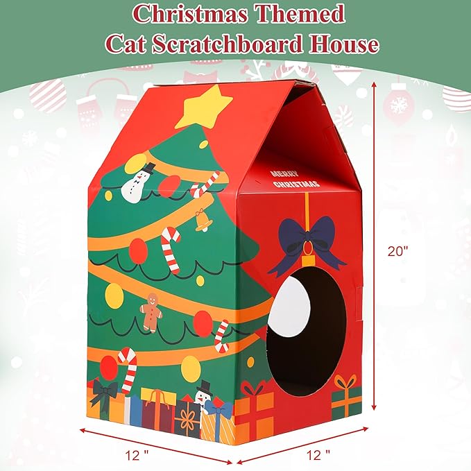 Cat House Scratcher Cardboard, Christmas Theme Thick Scratching House, pet Lounge Bed for Indoor Rest & Play, pet Scratcher Pad (12 "L X 12" W X 20" H)