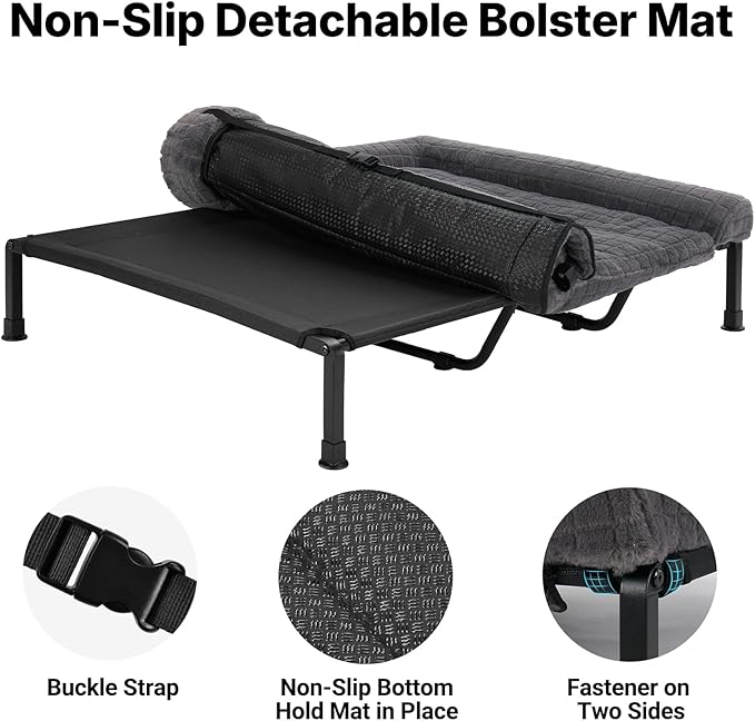 Veehoo Elevated Dog Bed Large Sized with Fluffy Plush Bolster Cushion, Washable Orthopedic Dog Couch Bed, Cooling Raised Pet Cot with Removable Mat, Breathable Mesh, No-Slip Feet, 59 x 37 inches, Grey