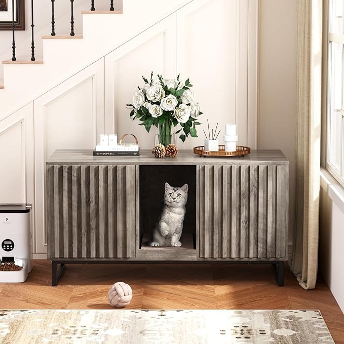 Double Litter Box Enclosure,Modern Cat Litter Box Enclosure for 2 Cats, Hidden Litter Box with Scratch Pad, Cat Washroom Pet House End Table, Entryway Bench for Livingroom (Gray)