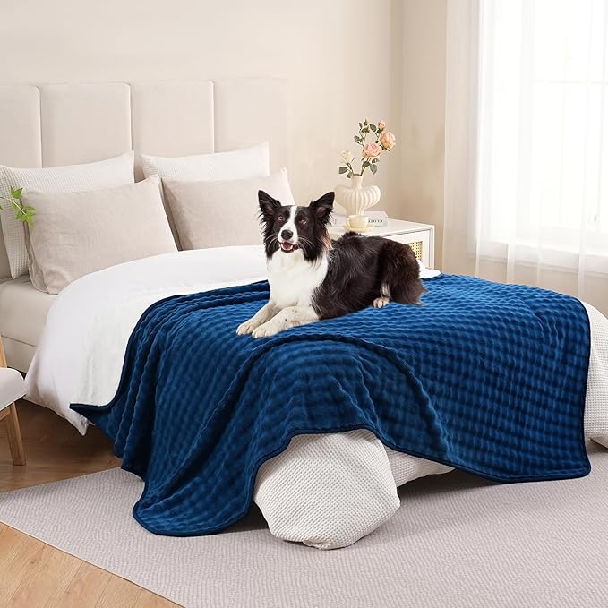 Waterproof Blanket for Bed Couch Sofa Car, Soft Leakproof Dog Blanket with 3D Bubble Pattern, Reversible Water Proof Pet Blankets for Dogs Cats Puppies (50"x60", Navy Blue)