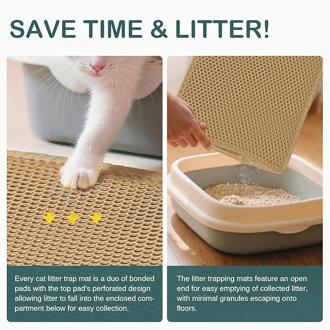 Cat Litter Mat, Cat Litter Trapping Mat, 29.9'' x 24''Inch, Double Layer Waterproof Proof Litter Box mat, Non-Slip Design, Reduces Litter Scatter, Easy to Clean, Beige