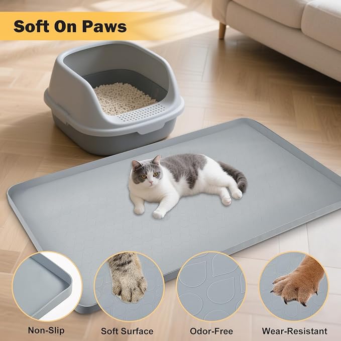 SpaceTime 34"X22" Large Cat Litter Mat Litter Trapping Mat for Cat,XL Litter Box Mat for Kitty,Waterproof & Urine Proof Extra Large Silicone Pad for Floor,Non-Slip,Raised Edges (Silicone-Grey)