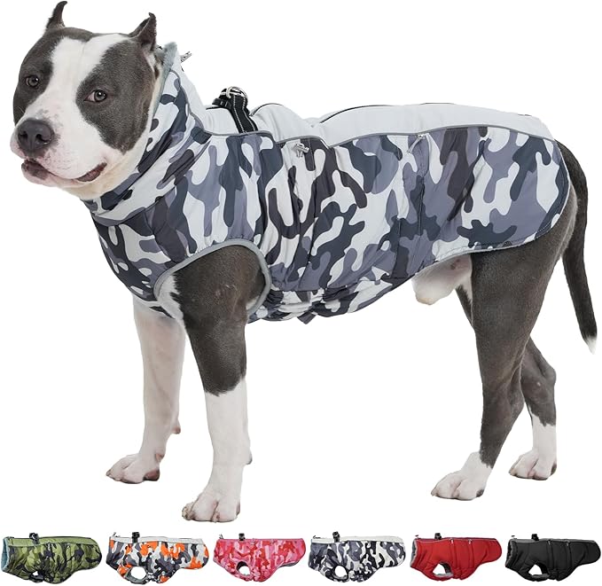 Dog Coat Dog Winter Jacket-3X Large, Warm Dog Coat Zip Up Snowsuit Dog Harness Vest Reflective Water-Resistant Dog Coat Dog Snow Jacket for Large Dogs Labrador, Huskyn, Grey-Camouflage