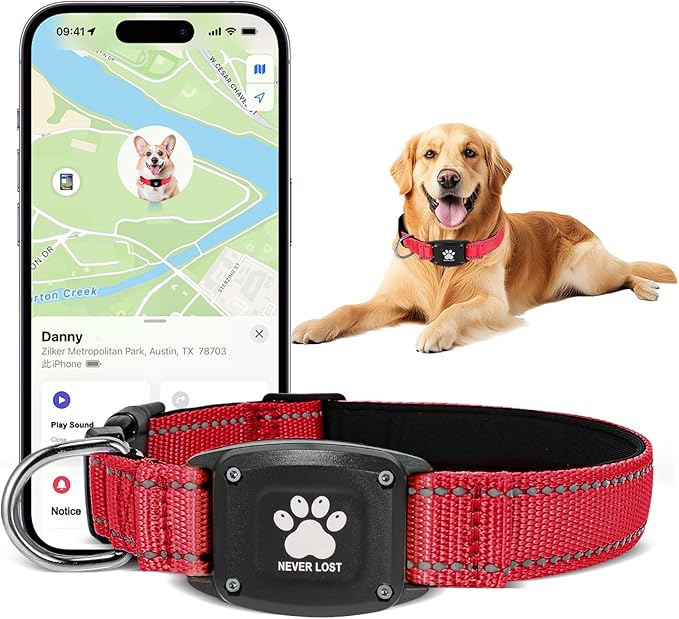 GPS Dog Collar Tracker 2-in-1,Reflective Waterproof Pet Collar,iOS-Only,No Monthly Fees,Unlimited Range,Ideal for Dog Tracking pet Tracker,for Small Dogs(S (12.6"-16.5" Width:0.98"), Red)