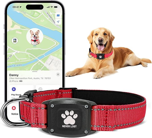 GPS Dog Collar Tracker 2-in-1,Reflective Waterproof Pet Collar,iOS-Only,No Monthly Fees,Unlimited Range,Ideal for Dog Tracking pet Tracker,for Small Medium Large Dogs(M (15"-20.5"), Red)