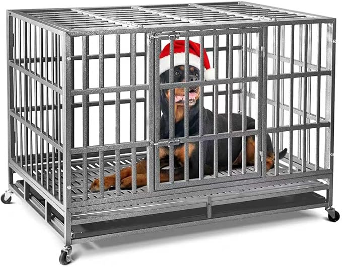 Oranland 48 inch Heavy Duty Indestructible Dog Crate,2025 New Upgraded Reinforced Baseplate for Large Dogs,XL Dog Crate for High Anxiety Dogs/Max Load Capacity 250lbs/Double Door with Wheels（Silver）