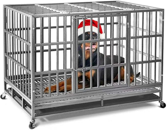 Oranland 48 inch Heavy Duty Indestructible Dog Crate,2025 New Upgraded Reinforced Baseplate for Large Dogs,XL Dog Crate for High Anxiety Dogs/Max Load Capacity 250lbs/Double Door with Wheels（Silver）