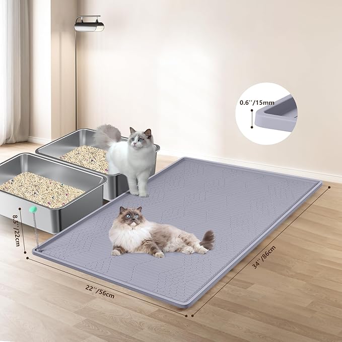 Large Cat Litter Mat with Toy Ball, 34'' x 22'' Silicone Cat Litter Trapping Mat for Scatter Control, Soft on Kitty Paws, Easy to Clean (Light Grey)