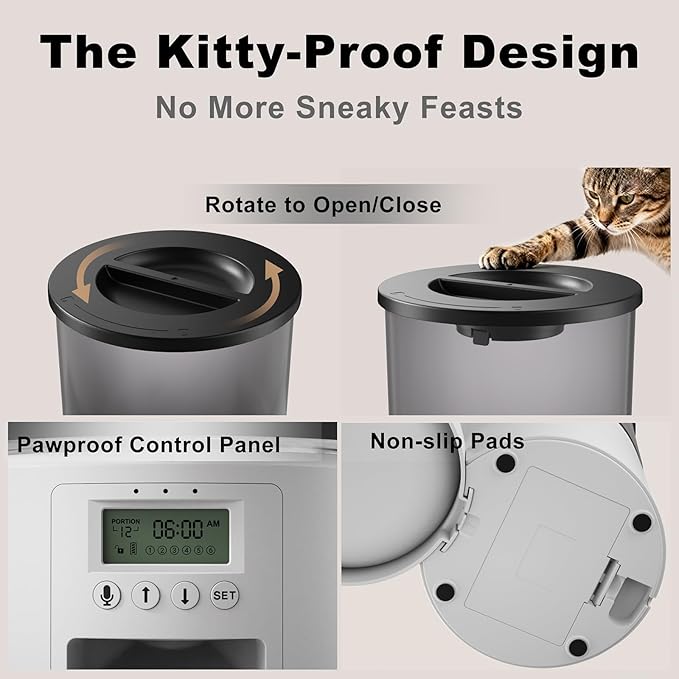 Automatic Cat Feeder with Dual Power Supply,Programmable 1-6 Meals Control Dry Cat Food Dispenser for Small Dog,Flexible Schedule Timer,10S Voice Record (White, 4.2L Basic Model)