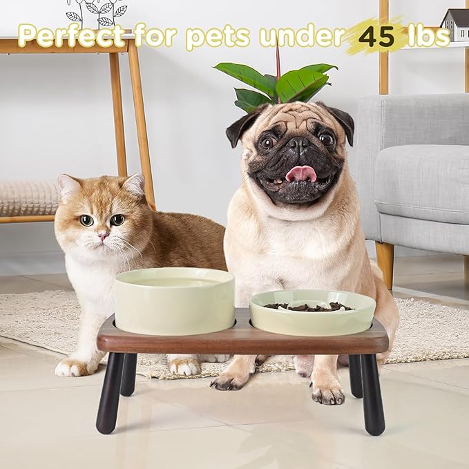 SPUNKYJUNKY Ceramic Elevated Dog Bowls with Slow Feeder Raised with Acacia Bamboo Wooden Stand, 6.1'' Dog and Cat Food Water Bowls Set Non-Slip for Small Medium Sized Breed - Beige