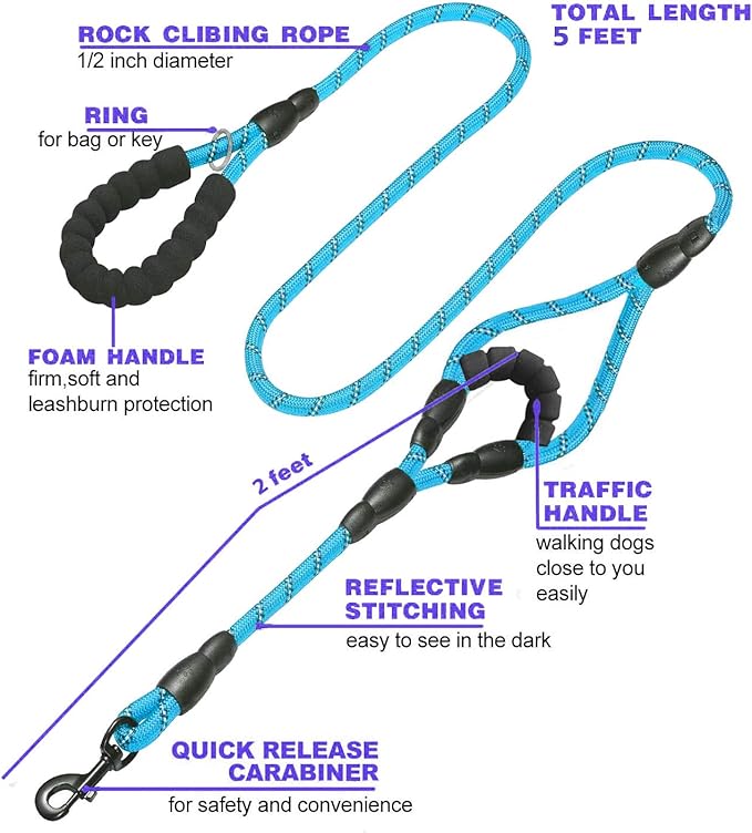 JSXD Heavy Duty Double Handle Dog Leash - 5 FT, Padded & Reflective, Rope for Small to Large Dogs (Blue)