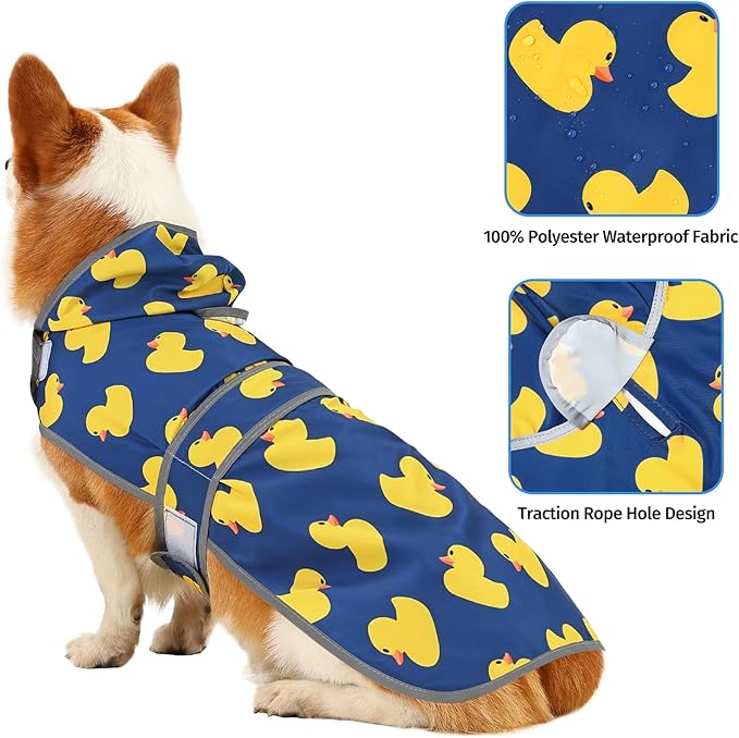 Dog Raincoats for Medium Dogs Waterproof Hooded Rain Jacket with Reflective Strips Leash Hole & Poncho Adjustable Fit (Duck,M)