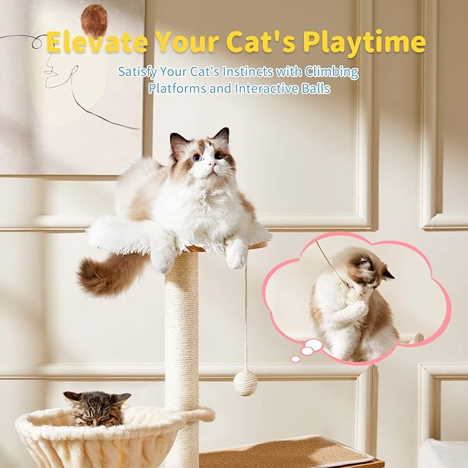 Made4Pets Cat Tree with Litter Box Enclosure, 2-in-1 Modern Cat Tower for Indoor Cats, 48.6" Wood Kitten Condo with Scratching Post and Hammock, Removable Scratch Pad for Large Cats