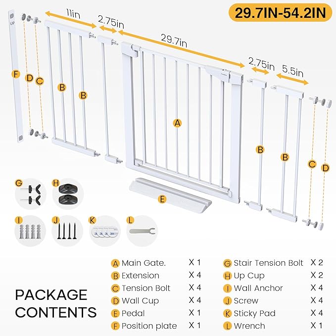 Cumbor 29.7-54.2" Wide Baby Gate for Stairs, Mom's Choice Awards Winner-Self Closing Dog Gate Indoor for Doorways, No Drilling Pressure Mounted Pet Gates for Kids, Easy Walk Through Safety Gate, White