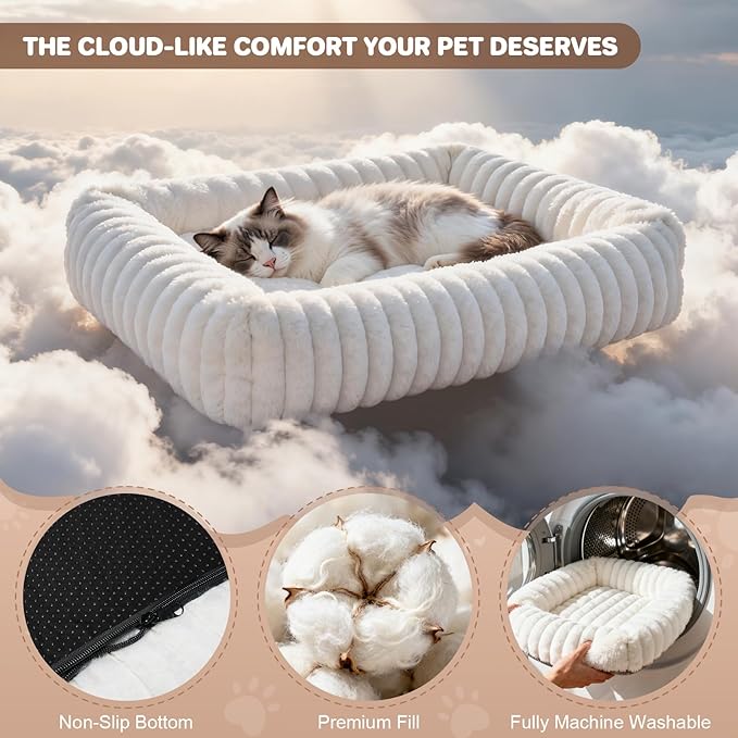 Cat Beds for Indoor Cats, Square Self Warming Cat Bed Orthopedic Pet Bed with Pillow Super Soft Rabbit Fur Small Dog Beds, Calming Plush Kitten Bed with Removable Washable Cover & Anti-Slip Bottom