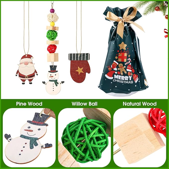 Abizoo Christmas Guinea Pig Chew Toys, Rabbit Chew Toys Hamster Bunny Treats Wood for Chinchilla, Hanging Christmas Themed Decor Cage Accessories for Small Animals pet Teeth Enrichment Gifts