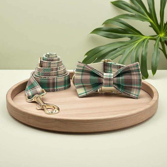 PETDURO Personalized Dog Collar Brown Green Plaid for Large Medium Dogs | Engraved Name and Phone Number on Gold Metal Buckle for Boys & Girls | Add Leash & Bow Tie via Customize Now