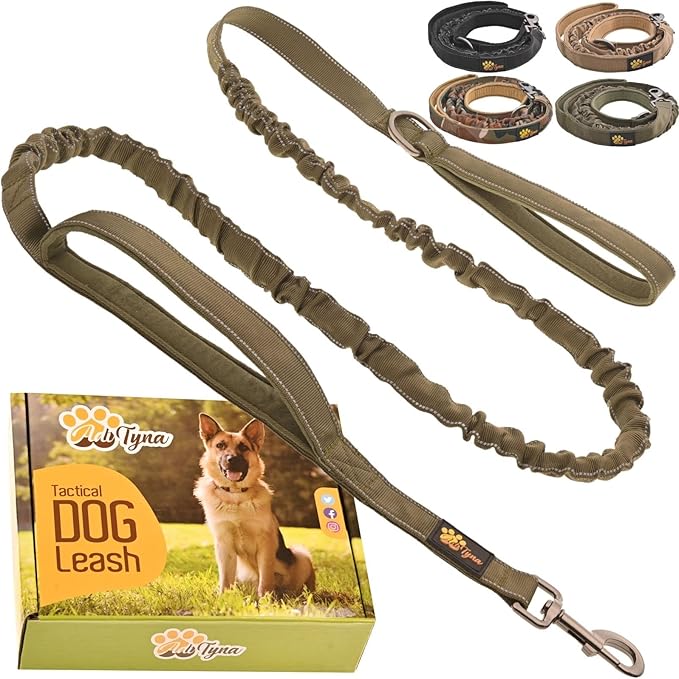 ADITYNA Tactical Bungee Dog Leash 6ft-7.5ft - Shock Absorbing Lead with 2 Padded Handles, Metal Clasp, Car Seatbelt - Heavy Duty No Pull for Medium, Large & XL Breeds