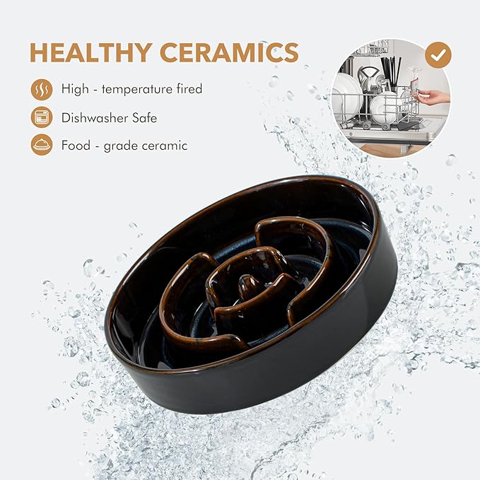 Ceramic 1.6 Cup Raised Slow Feeder Dog Bowl Set, Elevated Acacia Wood Stand for Medium and Large Dog, 8.2inch Slow Dish, Stop Bloat(Single Bowl+ Stand, Starry Sky)