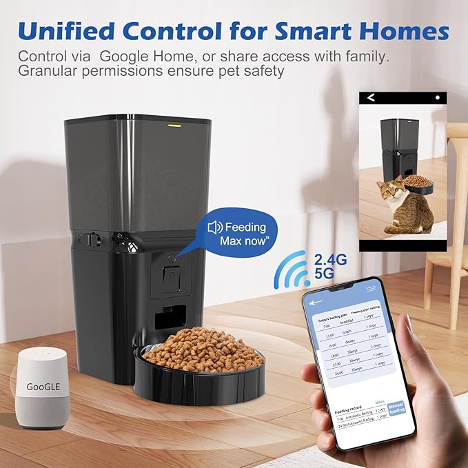 Automatic Cat & Dog Feeder with Camera, 6L Smart WiFi Pet Food Dispenser for Small Pets & Multi-Cat Homes - Timed Feeding, Battery Backup,1080P HD Night Vision, Two-Way Audio, Portion Control