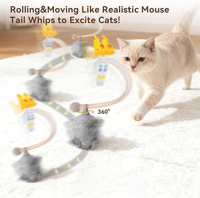 Migipaws Interactive MigiMouse Cat Toy 360° Rolling & Spin with Wiggling Tail for Indoor Cats Smart Motion Sensor, Realistic Squeak, Rechargeable Plush Kitten Toy(Grey)