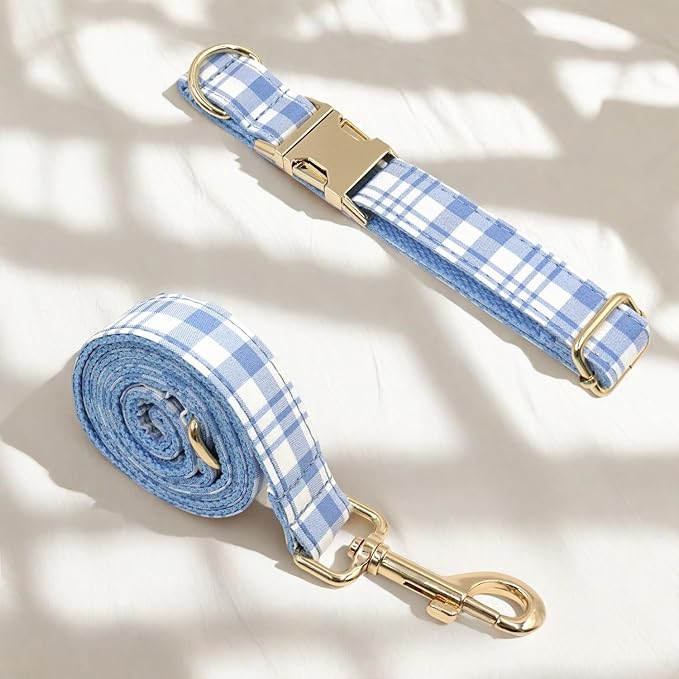 PETDURO Personalized Dog Collar Sky Blue Plaid for Large Medium Dogs | Engraved Name and Phone Number on Gold Metal Buckle for Boys & Girls | Add Leash & Bow Tie via Customize Now