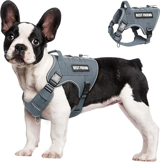 Tactical Dog Harness Small Sized Dog,No Pull Military Dog Vest with Handle,Reflective Heavy Duty Pet Harness for Walking Hiking Training Gray S