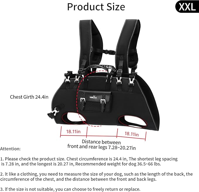 Dog Backpack Carrier for Dogs,Dog Lift Harness,Adjustable Padded Breathable Straps for Dogs, Disabled, Joint Injuries, Arthritis,XXL