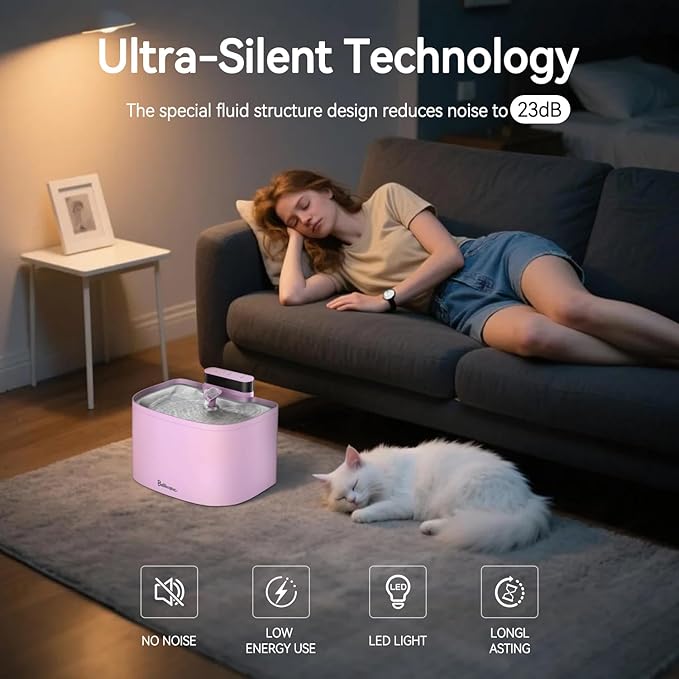 Cat Water Fountain, App Control Wireless Cat Fountain, 122oz/3.6L Pumpless Water Fountains for Cats Indoor with Stainless Steel Tray, Wi-Fi Dog and Pet Water Fountain (Pink, Fountain+8 Fliters)