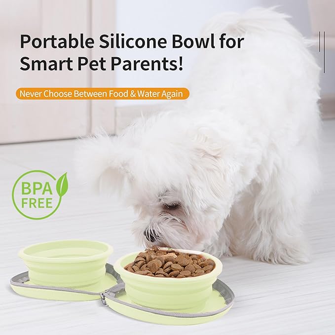 Collapsible Dog Bowls, 2-in-1 Pet Portable Travel Double Bowl Water Food Feeder Traveling Camping & Walking 25oz Light Yellow