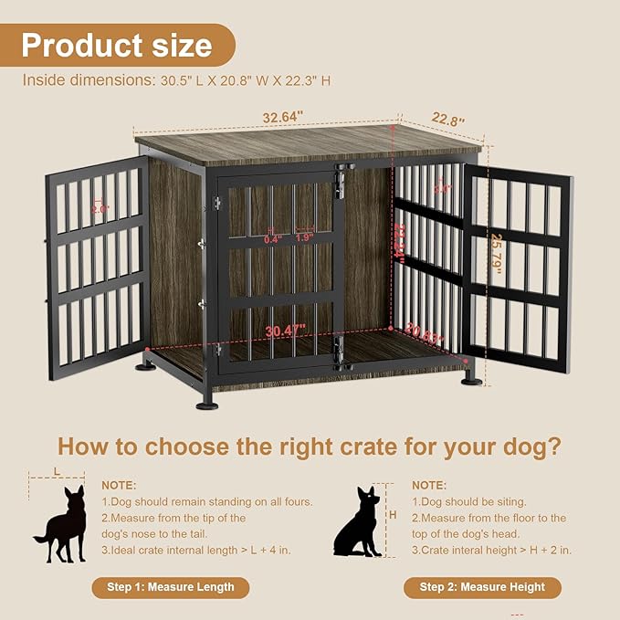 33" Dog Crate Furniture for Medium & Small Dogs with Wheels, Heavy Duty Dog Cage, Indoor Puppy Crate, Wooden Dog Kennel Table, 32.6" L x 22.8" W x 25.8" H, Decorate House as End Table — Grey