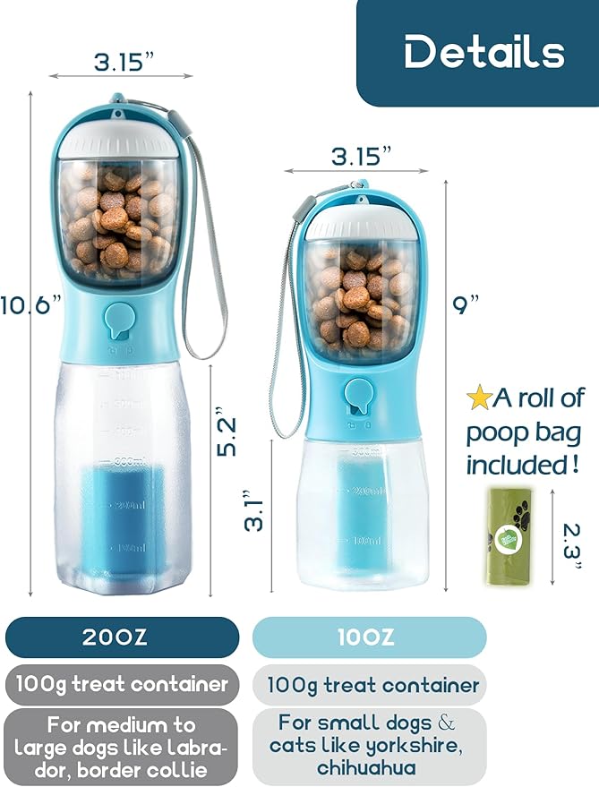 Portable Water Bottle for Dogs, 3 in 1 Pet Travel Bowl Dispenser with Food Treat Container & Poop Bag Holder, Summer Outdoor Walking Hiking Accessories for Large Dog On The Go - Pink, 20oz