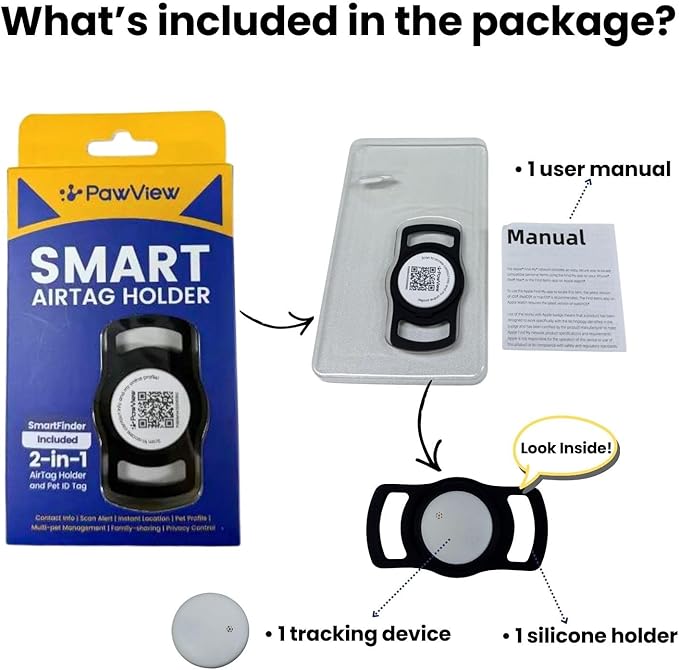 Smart Pet Tracker for Collar - Dog Trackers Location for Pet with Holder, No Monthly Fee, Real-Time Tracking, iOS Only, Emergency Contact, Long-Lasting, Anti-Lost Tracker for Cats, Bag Straps, Black