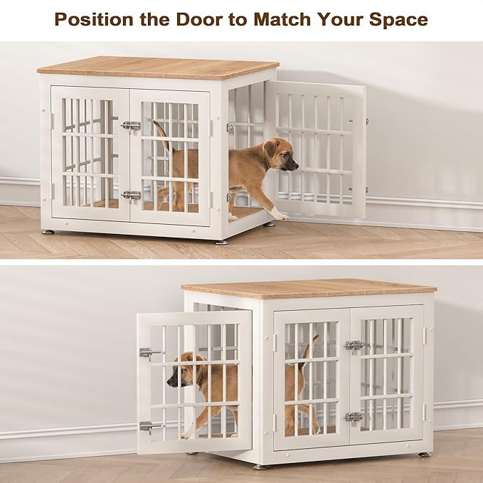 26 Inch Heavy Duty Dog Crate Furniture for Small Dogs, Decorative Pet House End Table, Wooden Cage Kennel Furniture Indoor, White and Natural