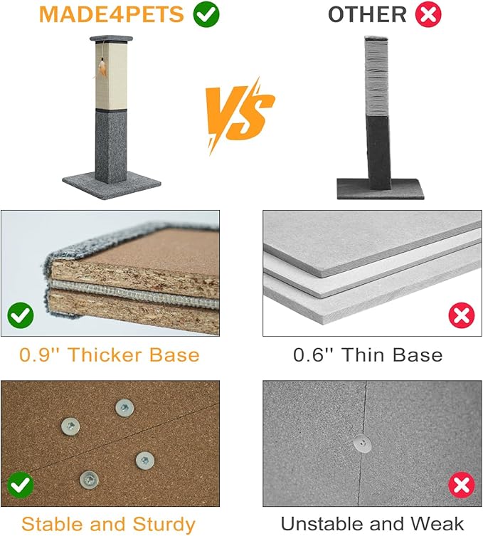 Made4Pets Cat Scratching Post, 32 Inch Natural Sisal & Carpet Covered Cat Scratcher with Kitten Toy, Dual-Material Tall Scratching Post for Indoor Cats Adults and Kittens, Beige