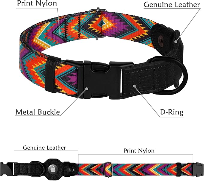 AirTag Dog Collar with Metal Buckle - Printed Nylon Soft Leather Dog Collar with Apple AirTag Holder - Secure Tracking GPS Pet Collars for Girl Boy Small Large Dogs (XL, 20"-25" Neck Fit, Arrows)