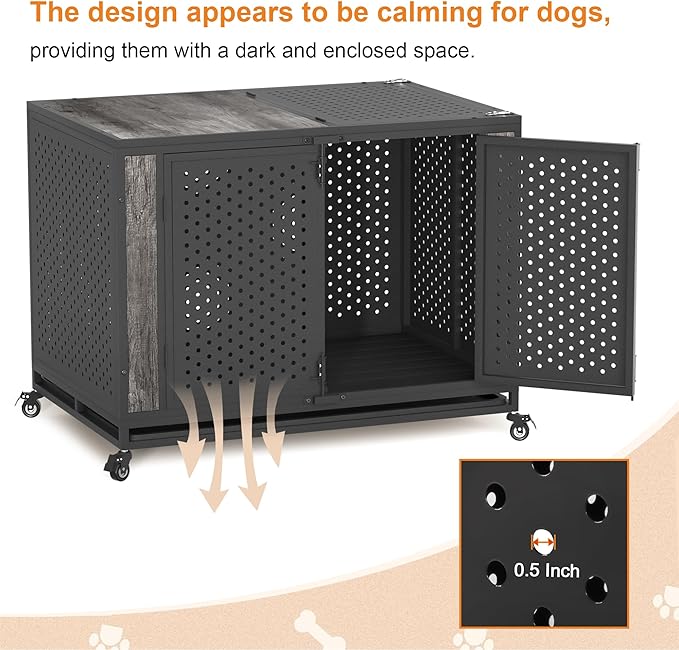 42" Heavy Duty Dog Crate Furniture for Medium and Large Dogs, Enclosed Design with 0.5 inch Holes, Indestructible Metal Kennel for High Anxiety Dogs, Chew Proof Indoor Pet House Cage, Gray