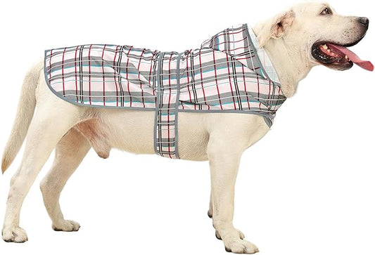 Dog Raincoats for Large Dogs Waterproof Hooded Rain Jacket with Reflective Strips Leash Hole & Poncho Adjustable Fit (Plaid,XL)