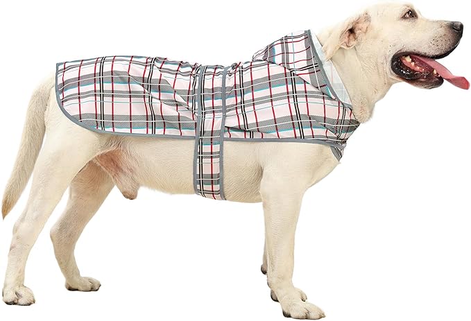 Dog Raincoats for Large Dogs Waterproof Hooded Rain Jacket with Reflective Strips Leash Hole & Poncho Adjustable Fit (Plaid,XXL)
