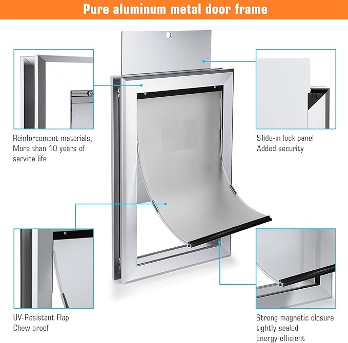 Ownpets Aluminum Large Dog Door, Pet Door with Magnetic Flap and Lockable Sliding Panel, Heavy Duty Doggy Door for Dogs Up to 100lbs(Silver)