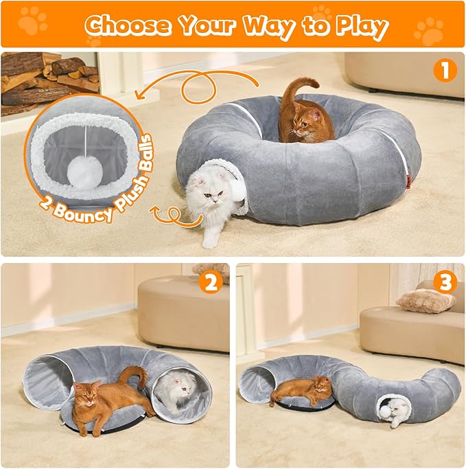 Cat Tunnel Bed for Indoor Cats 35.5 Inch XL Cat Donut Tunnels Cute Tubes Round Pet Play Tunnel Toy for Kitten Puppy Rabbit with Washable Circle Cushion Grey