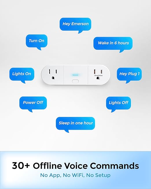 Emerson SmartVoice 2-in-1 Dual Wall Plug, Offline 30+ Voice Control Commands - No APP, No WiFi, No Setup, Smart Outlet Extender for Home and Office, Sleep & Wake Timer, ETL Listed