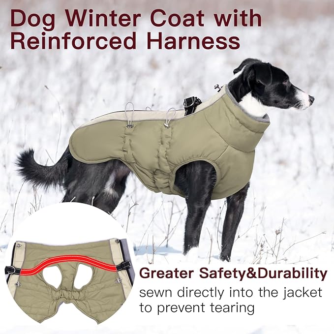 Dog Winter Jacket-3X Large, Warm Zip Up Snowsuit Dog Harness Vest - Reflective, Water-Resistant, Snow Jacket for Large Dogs, Labrador, Husky, Apricot