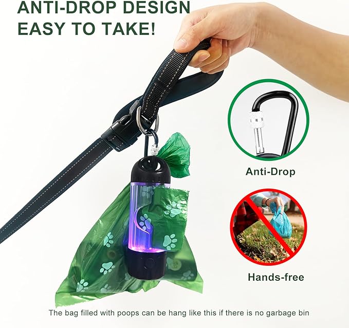Tubasion 3-in-1 Dog Poop Bag Holder with Flashlight 7-Color, USB-C Rechargeable doggie bag holder for leash, IPX6 Waterproof Anti-Slip Clip Pet Waste Bag Dispenser for Walking (1 Dispenser, 30 Bags)