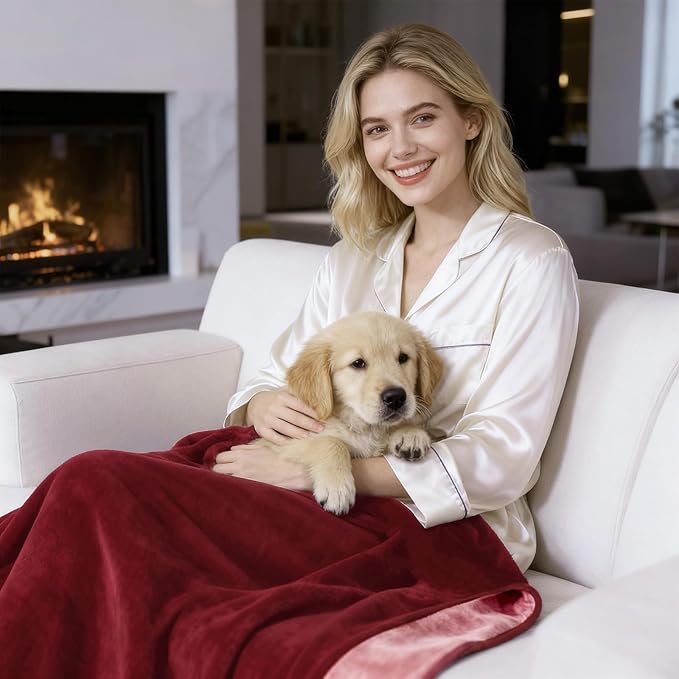 QiyI Waterproof Blanket for Bed Queen Size, Reversible Washable Pet-Friendly Flannel Throw Blanket, Leakproof Stain-Resistant Furniture Protector for Travel & Camping, 60"x80", Burgundy/Pink