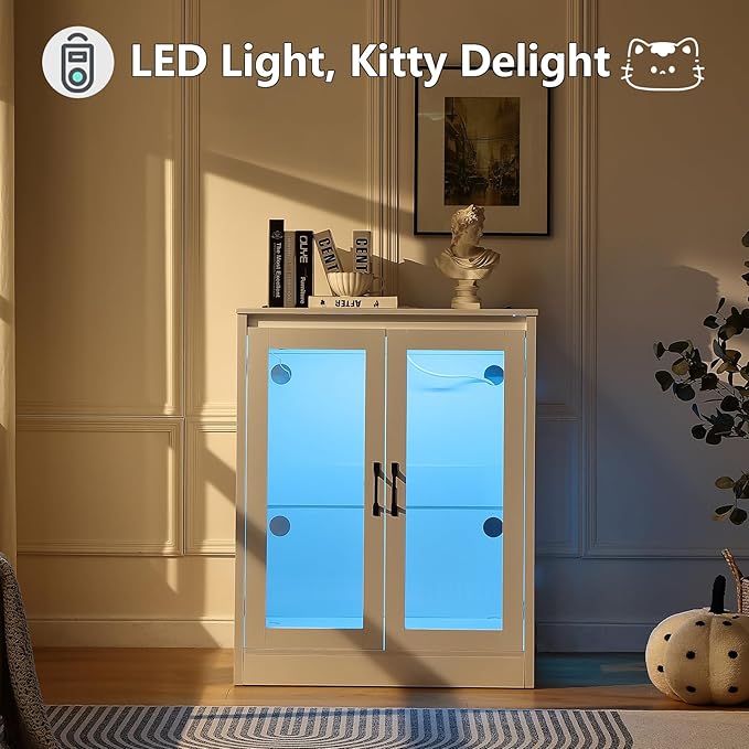 Cat Litter Enclosure with Cat-Observant Glass Doors,Litter Box Cabinet with Cozy LED for Cats,Reversible and Optional Entry(Left or Right),Power Outlet for More Choice, (White)