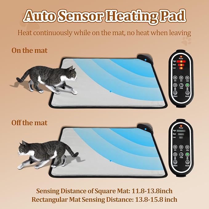 Cat/Dog Heating Pad, 3 Timer and 3 Level Temperature Smart Sensor Electric Pet Heating Pad with Chew Resistant Cord, Indoor Warm Heated Bed for Dogs Cats -17.7x17.7