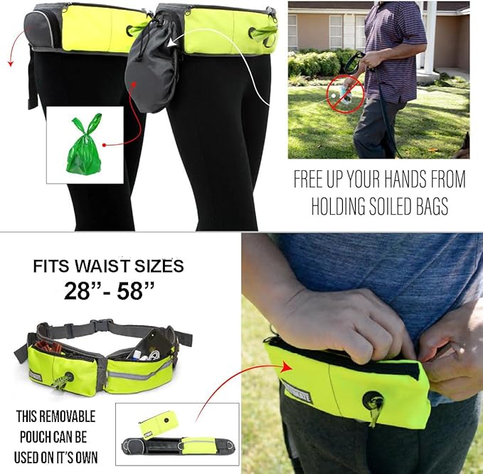 TAKSIN The Ultimate Hands Free Two Dogs Double Leash System for Walking Running Hiking Training, Reflective Bungee Leash, Treat Holder, Poop Bag Dispenser for Small Medium Large Dogs (Yellow Pack)