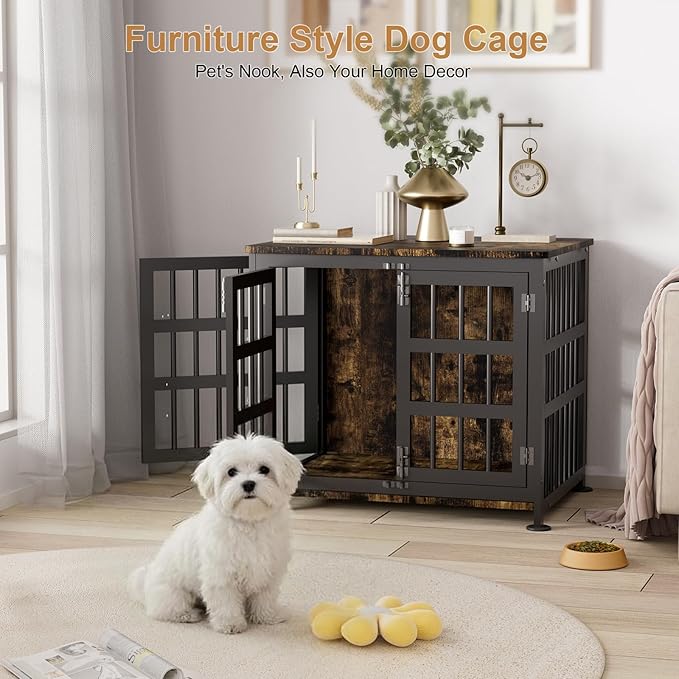 27" Dog Crate Furniture for Small Dogs, Heavy Duty Dog Cage for Small & Medium Dogs with Wheels, Indoor Puppy Crate, 26.6" L x 20.9" W x 23.8" H, Decorate House as TV Stand, End Table — Rustic Brown