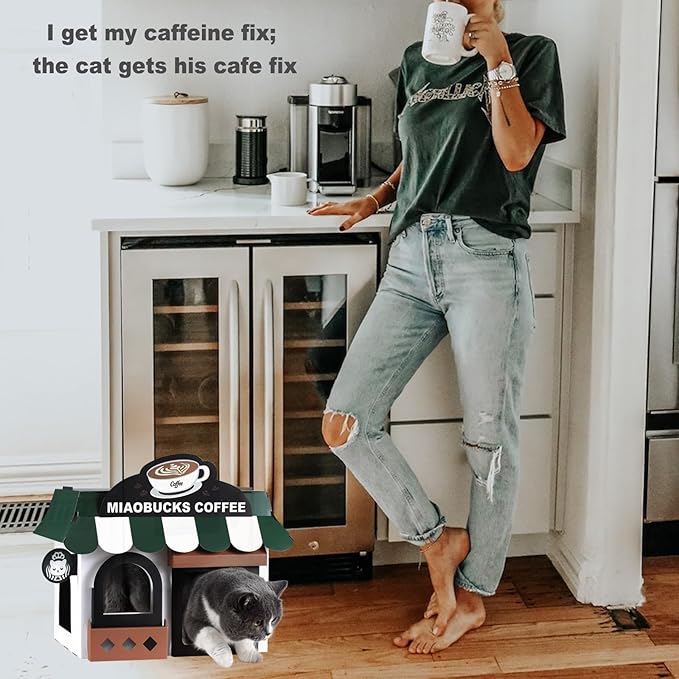 Cardboard Cat House with Scratcher – Coffee Shop Design, 19''L x16''W x15''H, Indoor/Outdoor Cat Playhouse & Hideout, Corrugated Cat Scratch Toy for Cats up to 22 lbs, Small Pets, Cute Home Decor Gift
